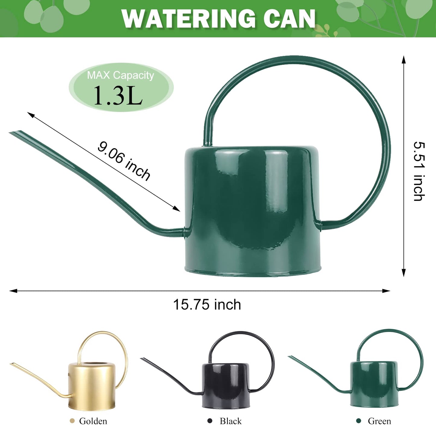 Lechloris Indoor Watering Can for Houseplants - Long Spout Metal Watering Can for Indoor Plants,Succulents or Outdoor Garden Flower, 1.3L / 40 oz Green