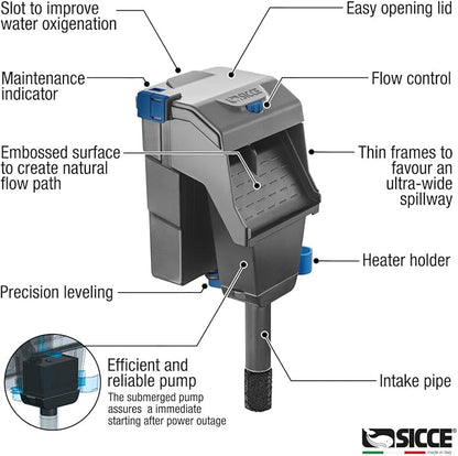 Sicce Aqua Filtra 10 Hang On Back Aquarium Fish Tank Power Filter Up to 10 Gallon Aquariums - Quiet 3-Stage HOB for Freshwater & Saltwater