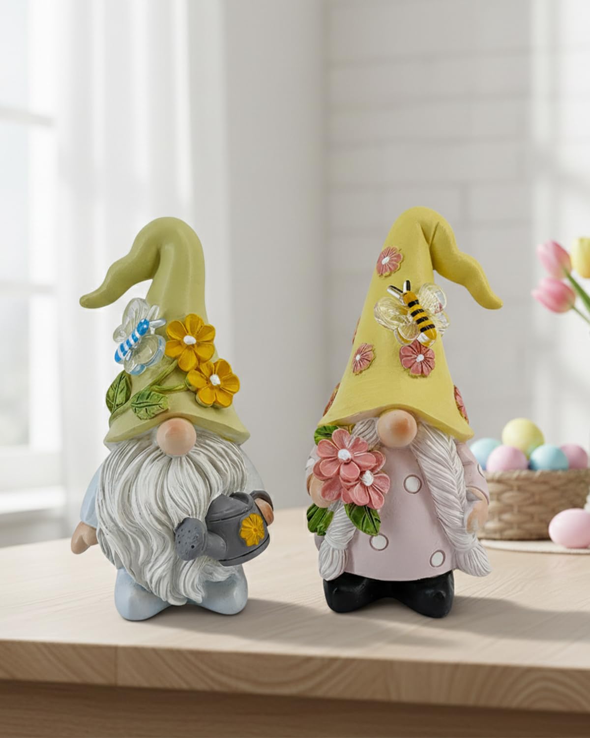 DyerKuLee 2PCS Spring Gnome Figurines Decor, Garden Resin Gnome Statues, Cute Outdoor Yard Lawn Patio Ornaments, Farmhouse Home Kitchen Table Decorations (Watering Can and Flower)