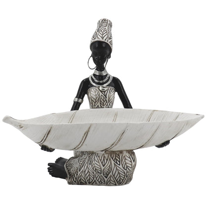 Lescafita African Woman Resin Tray Figurine, White Leaf Decorative Bowl Sculpture, Boho Tribal Art Statue for Jewelry Storage and Home Decor