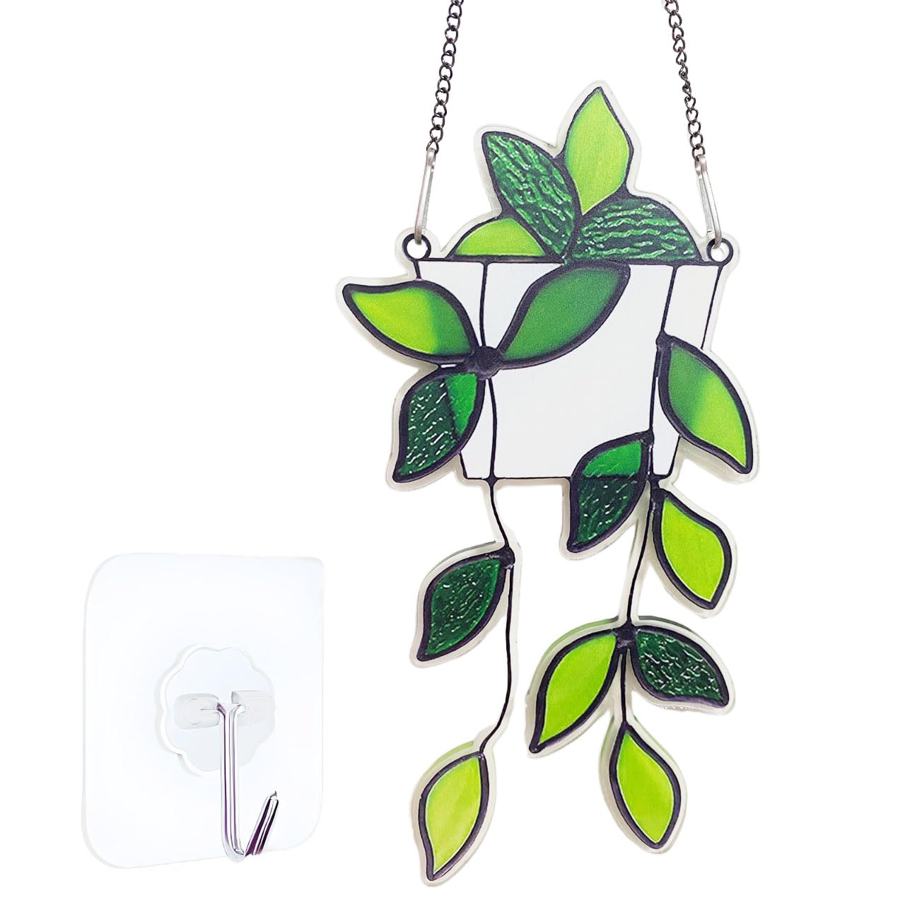 Green Plant Decor Stained Glass Window Hanging,Handcrafted Faux Plant Stained Glass Suncatcher for Window Hanging,Birthday Mother's Day for Women,Plant Lovers