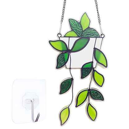 Green Plant Decor Stained Glass Window Hanging,Handcrafted Faux Plant Stained Glass Suncatcher for Window Hanging,Birthday Mother's Day for Women,Plant Lovers
