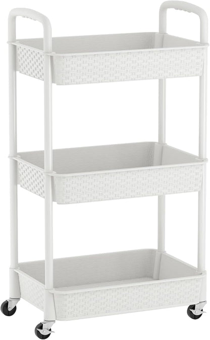 MOYIPIN 3-Tier Plastic Rolling Utility Cart with Handle,Utility Storage Cart for Office, Living Room, Kitchen,Movable Storage Organizer Shelves,White
