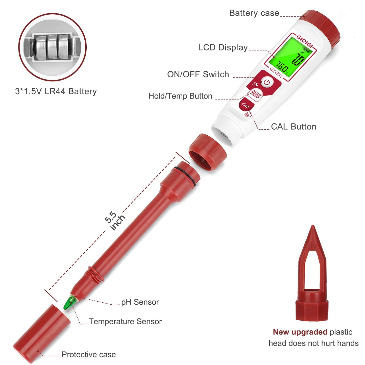 GIDIGI High Accuracy Digital pH Meter for Soil, Garden, Water, Plants, Solution and Food, Soil pH Test Kit with Thermometer LCD Display, Calibration Powder and Plastic Protective Cap