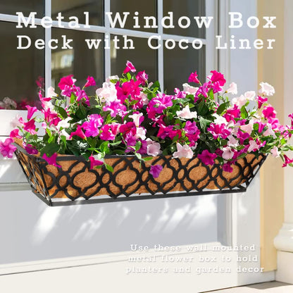 LAWYAMAI 2pcs 24 Inch Window Deck with Coco Liner, 24" Window Boxes Horse Trough with Coconut Coir Liner, Metal Hanging Flower Planter Window Basket Deck Railing Planter Boxes for Outdoor Indoor Lawn