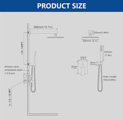 Brushed Gold Shower System with 12-Inch Rain Showerhead and Handheld | Innovative air-injection technology for low pressure, high-flow rate up to 3.22 GPM ensuring powerful consistent stream