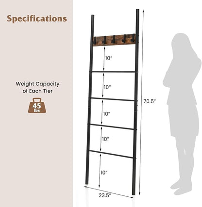 GOFLAME Blanket Ladder, 5-Tier Wall-Leaning Towel Holder Shelf with 5 Removable Hooks, Industrial Quilt Stand with Anti-Slip Foot Pads, Towel Ladder Display Rack for Bathroom, Living Room, Bedroom