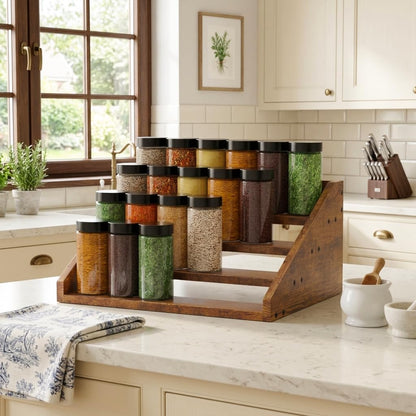 4 Tier Wood Spice Rack Organizer for Cabinet, Super Sturdy Display Riser Shelf Seasoning Organizer for Countertop Pantry Cupboard, Retro Storage Holder for Kitchen Condiment Jar Spice Container