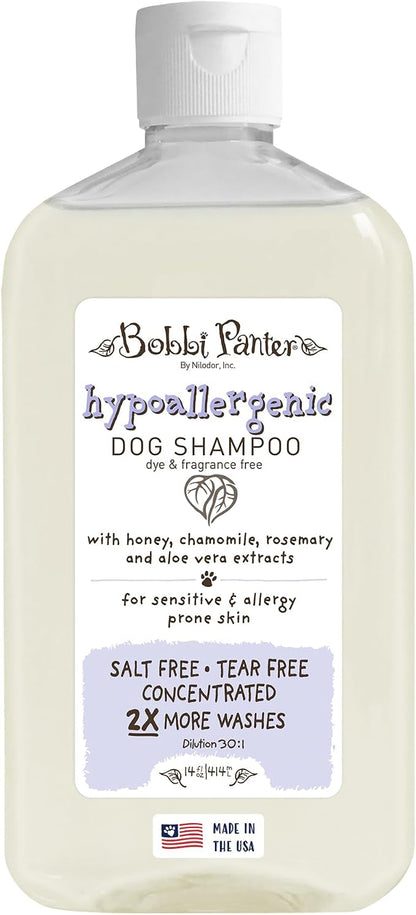 Bobbi Panter Hypoallergenic Dog Shampoo Honey, Aloe Vera, Chamomile & Rosemary – Dye & Fragrance Free Natural Formula for Sensitive & Allergy Skin, Tear-Free, 30:1 Concentrate, Made in USA, 14 oz