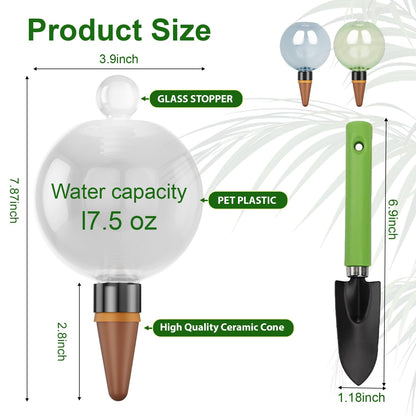 HSHATJSJSY 2 Pcs Plant Self Watering Globes with Covers，Self Watering Planter Insert,Automatic Plant Waterer Indoor ，17.5 oz Watering Bulbs with Terracotta Watering Spikes with Shovel(clera)