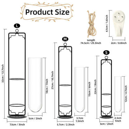 MIPON Metal Hanging Plant Propagation Station,3 Size Glass Test Tube Hydroponic Planter,Boho Wall Hanging Plant Cuttings Holder,Indoor Water Plant Terrarium Tubes for Home Office Window Decor-Black