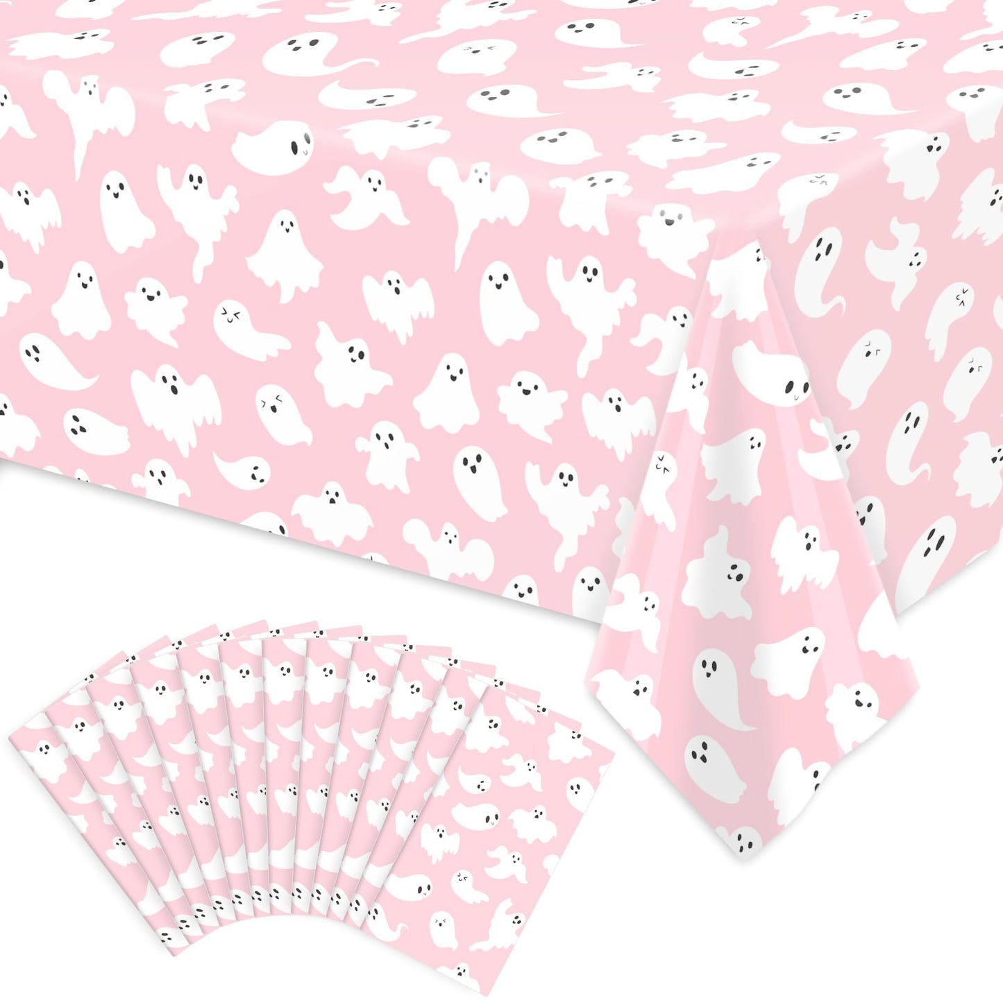 FYSUIMU 12Pcs Halloween Plastic Tablecloths White Pink Ghost Disposable Table Cover Rectangle Table Cloth for Halloween Party Decor, 54 x 108 Inch