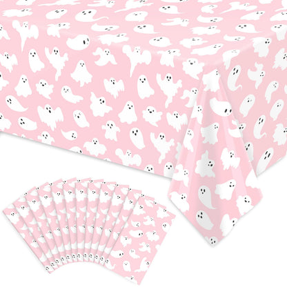 FYSUIMU 12Pcs Halloween Plastic Tablecloths White Pink Ghost Disposable Table Cover Rectangle Table Cloth for Halloween Party Decor, 54 x 108 Inch