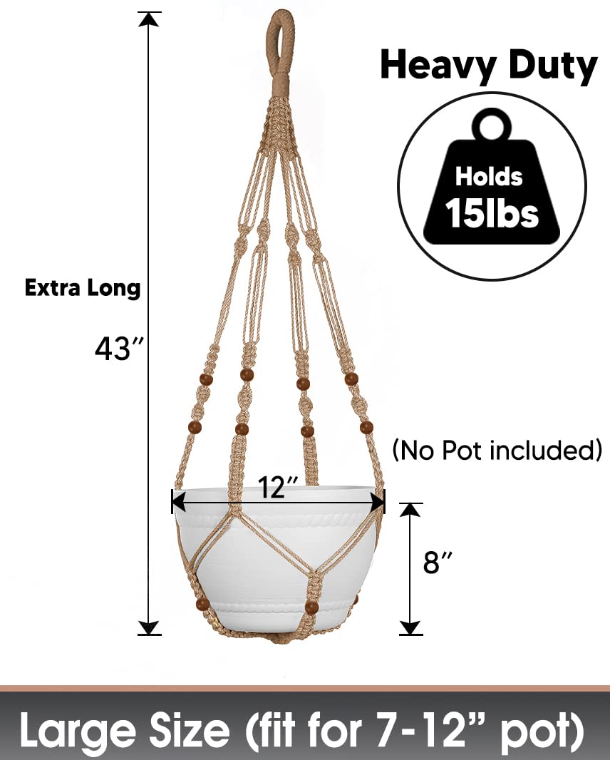 Shineloha 43 Inches Macrame Planter Hanger Large for 12 inch Pot + Swag Hook (Extra Long & Big) | Large Hanging Planter for Indoor Plants | No Tassel, Cotton Rope, NO Pot/Plant Included (Jute)(XL)