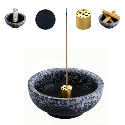 Japanese Ceramic Incense Burner, Handmade Zen Incense Holder with 9-Hole Brass Stick Holder, Ash Catcher Bowl for Meditation, Smudging, Aromatherapy, and Home Decor