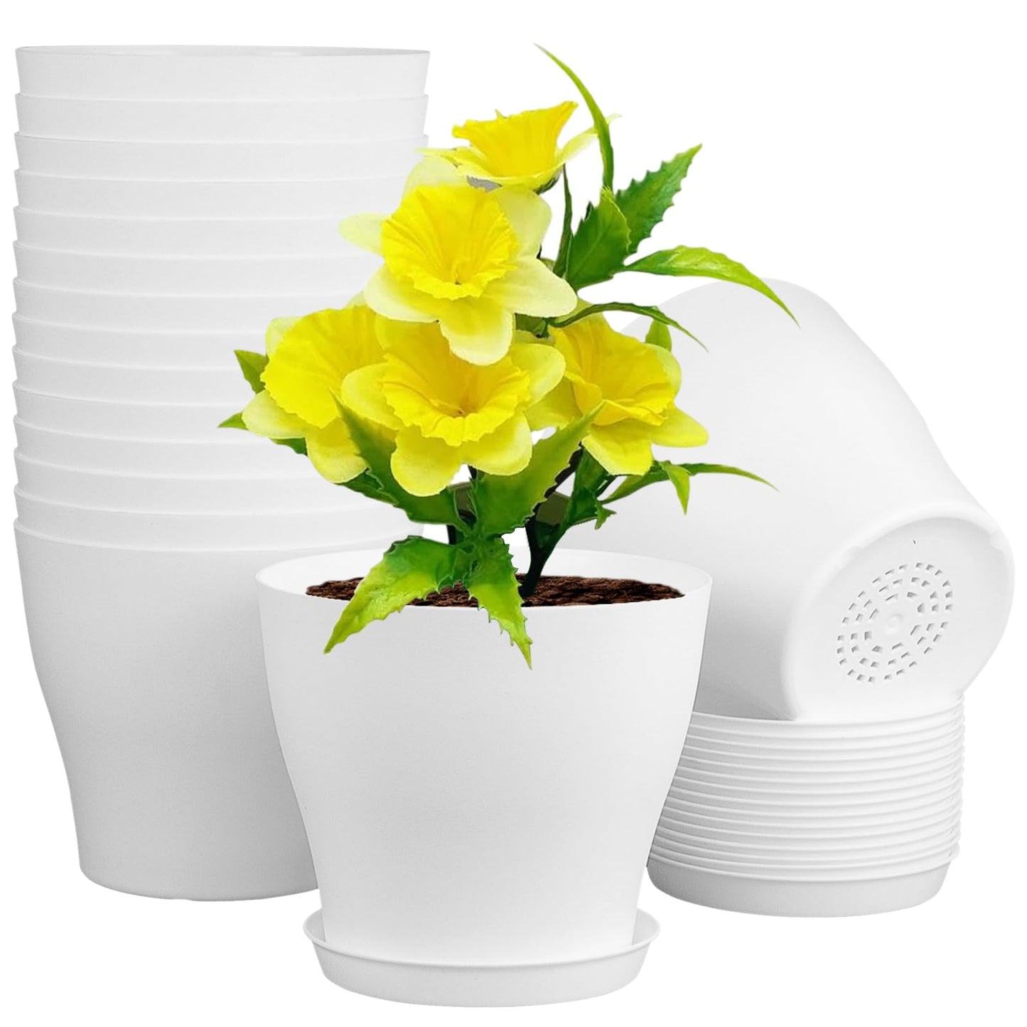Meowell 6 inch Plastic Nursery Pots, 16 Pack Plant Pots for Small Indoor Outdoor Plants, Flower Pots with Drainage Holes and Saucers, Decorative Seedling Starter Planters for House Plants, White