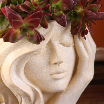 YOYLMAL Hand Holding Face Planter Pot, 5.1” Resin Women's Head Succulent Planter for Indoor Outdoor Plants, Unique Flower Pot with Drainage Hole, Gifts for Women Mom
