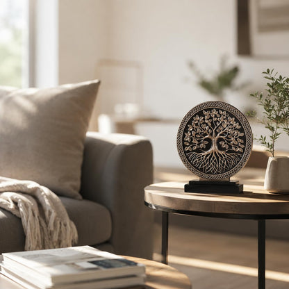 WUBIANJIE Tree of Life Statue Resin Sculpture for Home Decor, Hand Painted Tree Sculpture with Round Relief Design, Decorative Figurine for Living Room Shelf Tabletop Entryway Office
