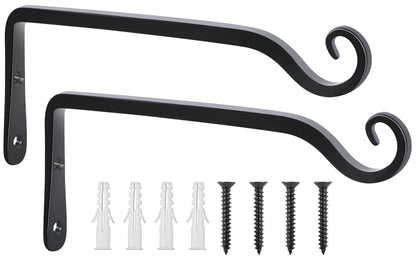 FEED GARDEN Wall Hooks for Hanging Plants 10 Inch - 2 Pack Heavy Duty Metal Plant Brackets, Holds 48 lbs, Rust Resistant Black L-Shape Hooks for Indoor Outdoor Decor
