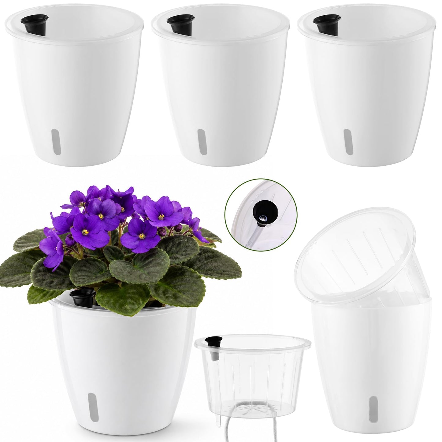KvyusFlourish Upgraded Self Watering Pots for Indoor Plants, 4-Pack 5 Inch Top-Fill Self Watering Planter with Water Window, Orchid Pots, Clear Wick Inner Basket with Drainage, White