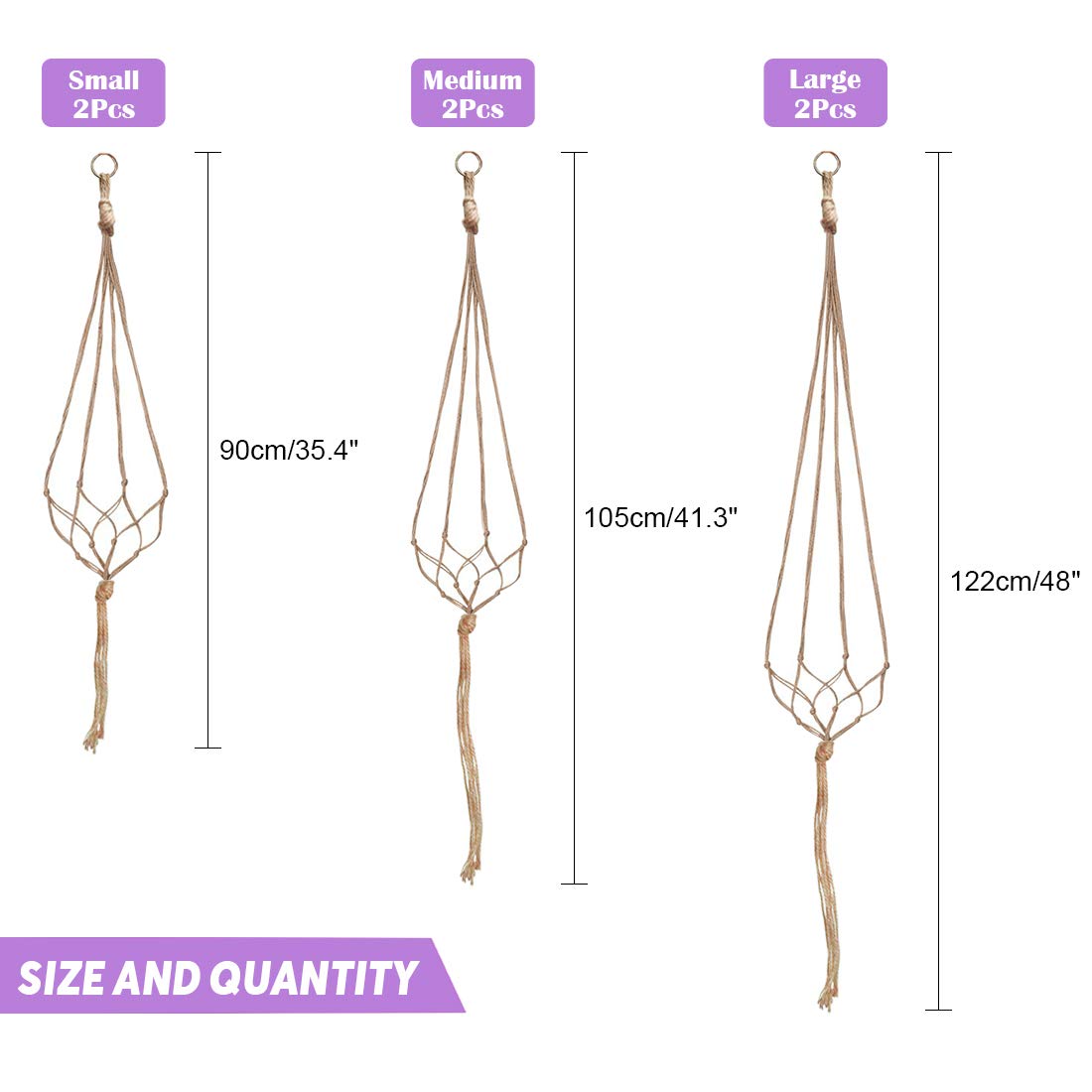 Swpeet 6 Pack 3 Sizes Macrame Hanging Planter Holder Plant Hanger with 6 Pack 2.9 Inch Ceiling Cup Hooks Kit, Hanging Planter Basket Rope Holder for Indoor Outdoor Decorations Beautiful Hanging