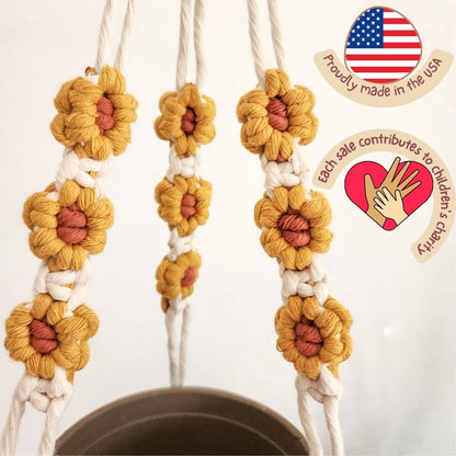 Macrame plant hanger with Daisies | Hanging plant holder | Macrame Plant hangers outdoor and indoor hanging planters Plant stand indoor Boho Decor hanging planter stand/plant shelf (Golden Harvest)