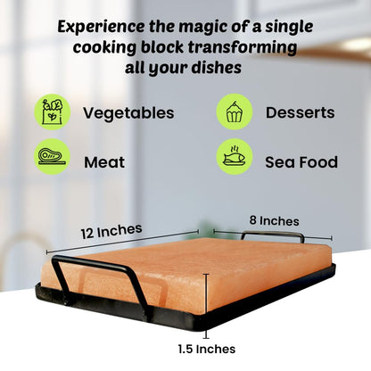 POHS Himalayan Salt Block Cooking Plate 12x8x1.5 for Cooking, Grilling, Cutting and Serving, with Metal Tray & Recipe Booklet Unique Gifts for Men, Women, Chefs & Cooks