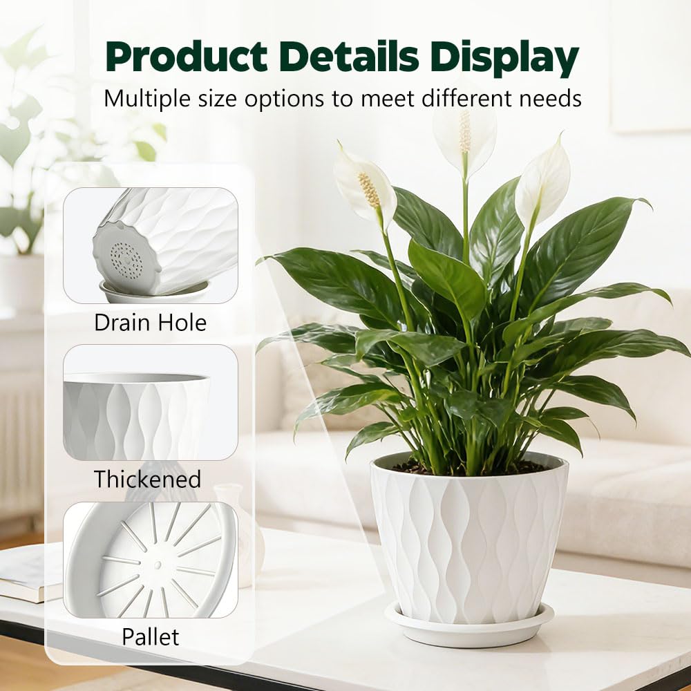 KEETUMOOD Plant Pots, Self Watering Planters with Drainage Holes and Trays, Flower Pots for Indoor Outdoor - 6 Pack(4/5/6/6.5/7/8 Inch) (White)