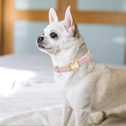 Luxury Soft Cotton Tweed Fabric Dog Collar & Leash Set with Gold Buckle – Durable Fabric, Stylish Design for Everyday Walks(Large Pink)