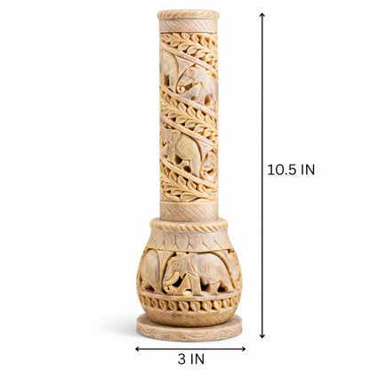 Carry Me Hand Carved Soapstone Incense Stick Holder | Candle Burner | Tea Light Stand. Elephant Jaali Carving Bottle Shape. Decorative Home and Kitchen Decor - (3x3x10.5 Inches)