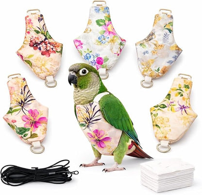 5PCS Bird Diaper Harness Set with Flight Leash and Disposable Liners, Reusable Bird Diapers for Parrots Conures Cockatiels Parakeets, Adjustable Bird Harness for Indoor Companion Birds(M)