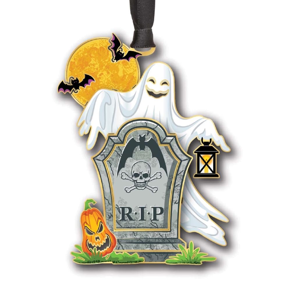 Beacon Design Ghost & Tombstone Hanging Ornaments - Halloween Tree Ornament, 100% Brass Scary Ghost Keepsake Gift, Spooky Full Moon Decor, Shatterproof Christmas or Home Decorations, Made in USA