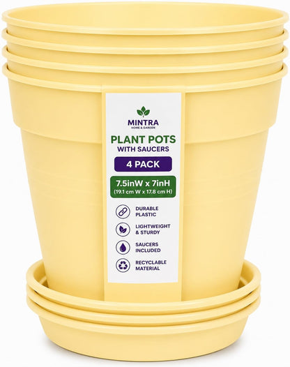 Mintra Garden Pots, 4 Pack Bulk Plastic Plant Pots with Drainage Tray, Round Indoor & Outdoor Decorative Planters with Drain Holes for Flowers, Herbs & Plants, 19cm Diameter – Yellow, 7.5 in