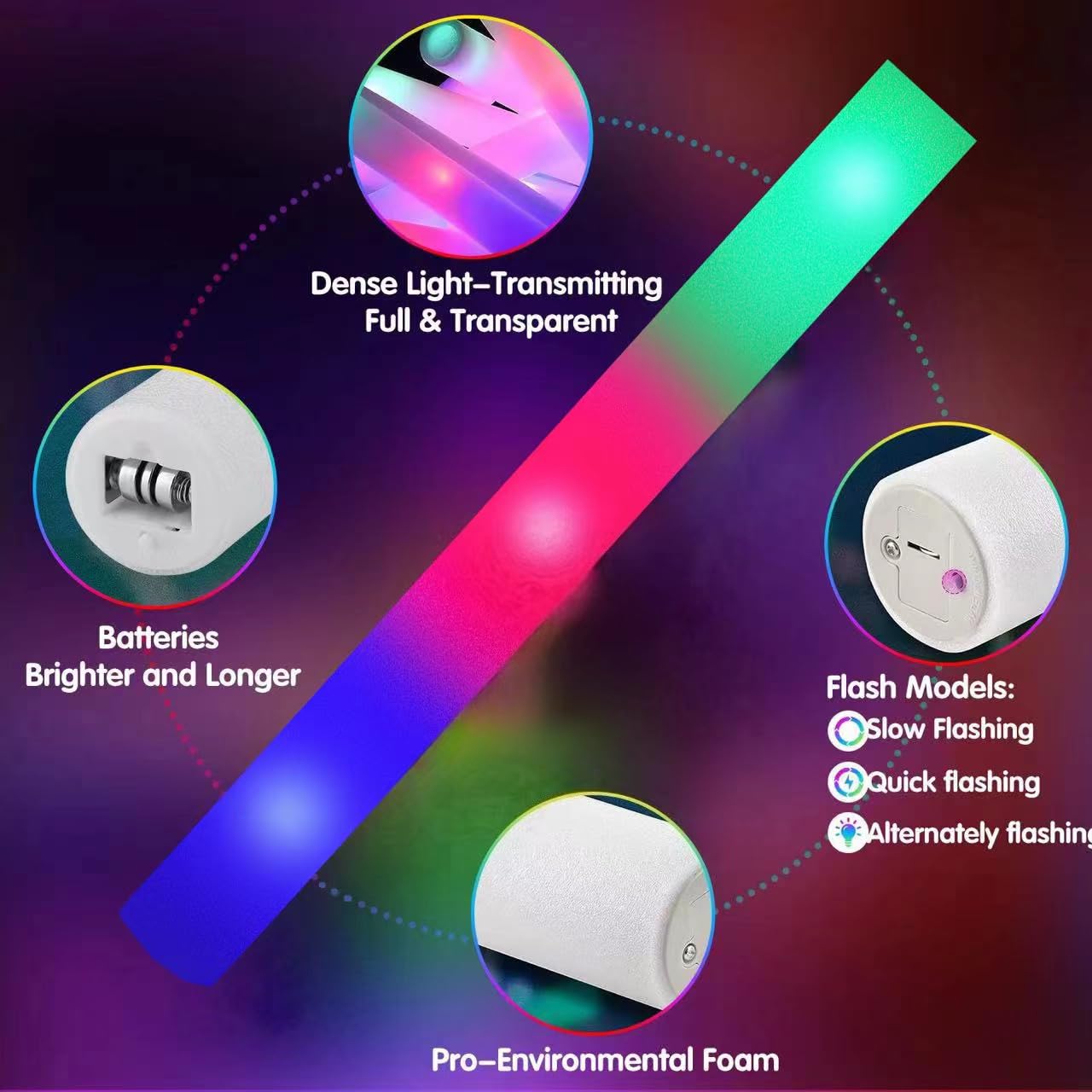 SHQDD 105PCS LED Foam Glow Sticks, Foam Light up Sticks Bulk Party Pack with 3 Modes Colorful Flashing, Glow in The Dark Party Supplies for Parties, Wedding, July 4th, Birthday,Raves,Concert,New Year