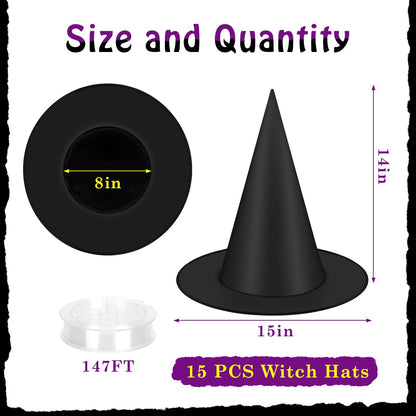 29 IYEBRAO 15 Pcs Halloween Decorative Witch Hats, Thick Black Witch Hats Bulk, With 147 FT Rope Hanging Witch Hat, Halloween Outdoor and Indoor Decoration Party Supplies, Witch Costume Accessories