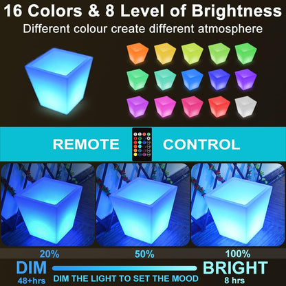 16-In Square LED Planter Pot Outdoor, Large Rechargeable Lighted Flower Pot w/Remote, Dimmable RGB Color Changing Light Up Plant Pots, Modern Waterproof Illuminated Planter for Home Balcony Porch Yard