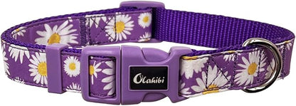 Dog Collar Leash Set, Floral Pattern, Nylon Webbing Plus Cotton Ribbon, 5ft Matching Leash, for Small Dogs.(S, Purple Daisy)