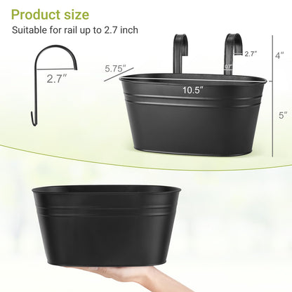 Dahey 10.5 Inch Metal Iron Hanging Flower Pots for Railing Fence Hanging Bucket Pots Countryside Style Outdoor Planter Window Flower Plant Holder with Detachable Hooks Home Decor, Black,4 Pcs