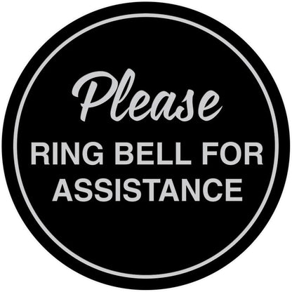 Signs ByLITA Circle Please Ring Bell For Assistance Wall or Door Sign | Easy Installation | Front Desk Reception Sign (Black/Silver) - Medium (1 Pack)