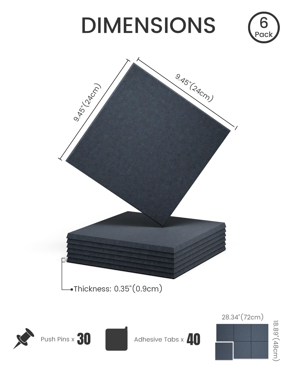 Felt Bulletin Board Tiles -28"x18" Cork Board Alternative for Office Decor, Push Pin Board Wall Organizer 6-Pack - Deep Charcoal Blue