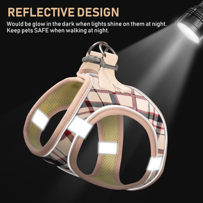 GAMUDA Small Dog Harness Collar and Leash Set, Step in No Chock No Pull Soft Mesh Adjustable Dog Vest Harnesses Plaid Reflective for Dogs Puppy Cats Kitten Rabbit (Beige, XXS)