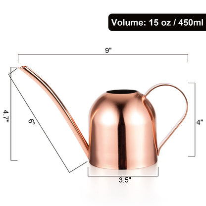 Fasmov Stainless Steel Watering Can, Small Modern Style Watering Pot, 15oz/450ml Plant Watering Can with Long Spout to Prevent Spillage, Perfect for Outdoor and Indoor Plants (Copper)