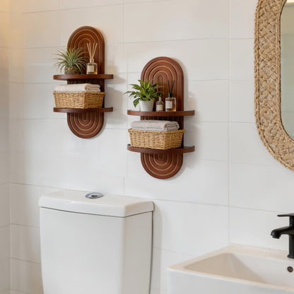 Walasis Mid Century Wall Shelves with Ledge: 22inch Large 2-Tier Walnut Boho Floating Shelves Arched Modern Wall Decor for Bathroom Bedroom Living Room Entryway
