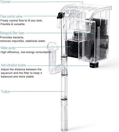 Small Fish Tank Filter, Hang on Filter for 1-5 Gal Nano Aquarium, Ultra Quiet Power Filter with Aeration & Oil Skimmer, Adjustable Flow for Betta Shrimp Tank