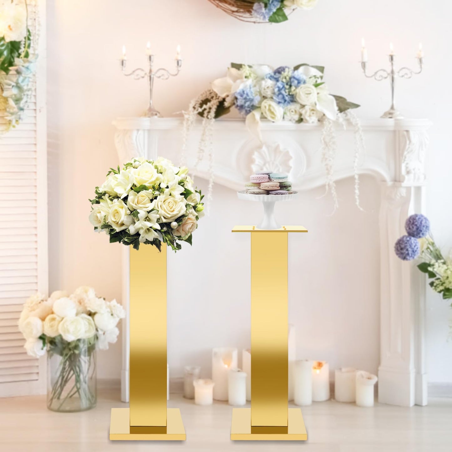 Hafyow 2PCS Tall Gold Vases for Centerpieces,31.5inch Stainless Steel Column Geometric Centerpieces Wedding Flower Stand Flower Floor Vase for Tables Wedding Anniversary Birthday Party Decor