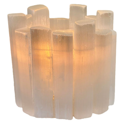Selenite Candle Holder - Healing Crystal Tealight Holder for Meditation Tranquility & Energy Balance - Irregular Cylindrical Selenite Lamp Crystal for Healing Stone