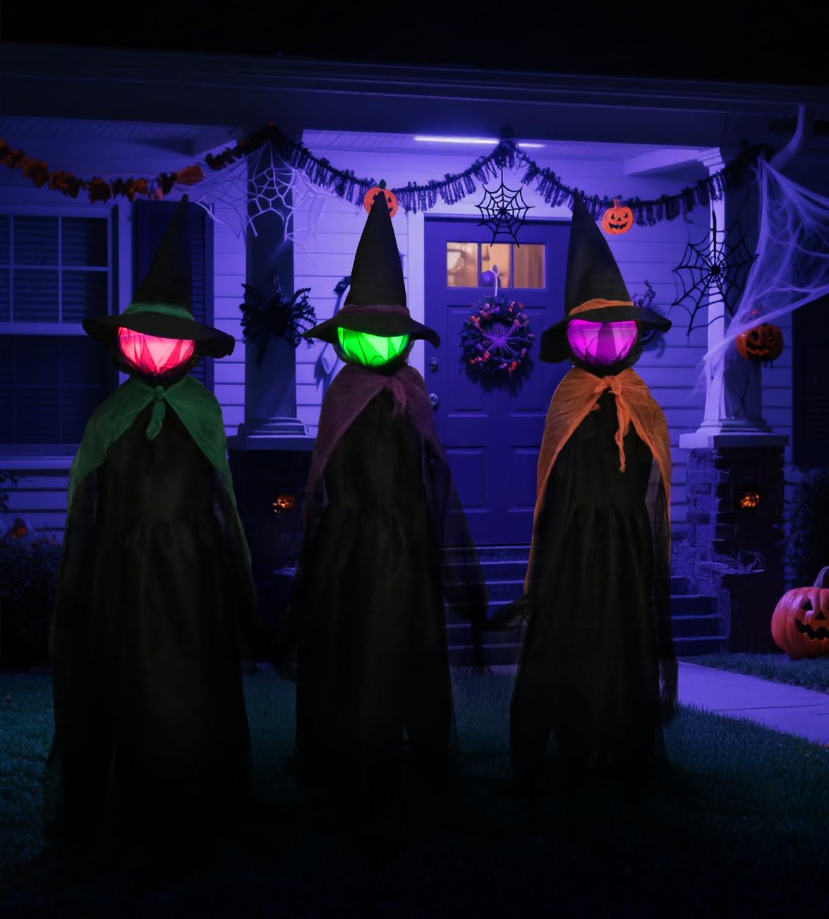 56In LED Set of 3 Black Witches with Stakes Light Up Witches Holding Hands Garden Decor Scary Halloween Decorations Outdoor Yard