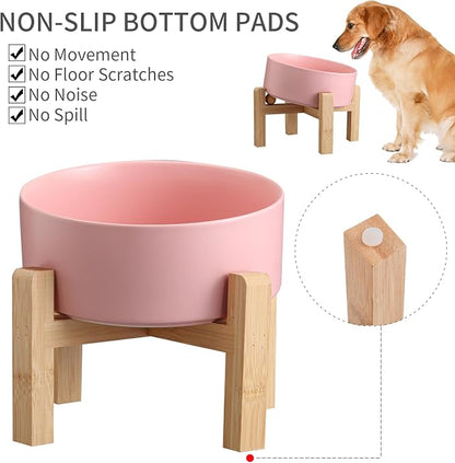 Pink Elevated/Raised 15°Tilted Anti Slip Ceramic Dog Bowl for Medium & Large Breeds,Slanted Bulldog Big Face Pet Feeding Food Water Dish Stand for Dogs (7.6 Cups/60OZ)