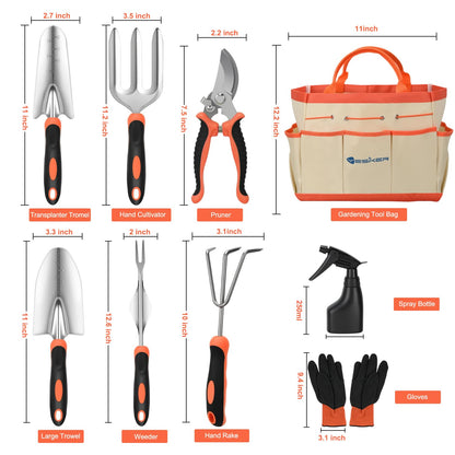 Yesker Gardening Tools 9-Piece Heavy Duty Garden Tool Set Gardening Supplies Gifts for Women Men Gardening Hand Tool Kit with Non-Slip Ergonomic Handle, Garden Bag, Durable Gloves and Shears, Orange
