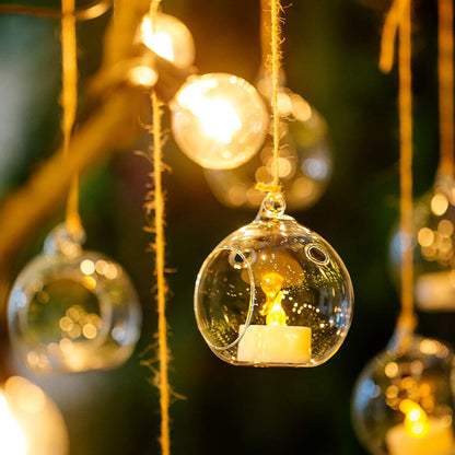 12 Pcs 3.15"/ 8cm Hanging Glass Tealight Holder Globe Plant Terrariums Glass Orbs Air Plants Tea Light Candle Holders Home Decor Indoor Outdoor Garden (with 2 Holes, 9 Pcs + 3 Pcs)